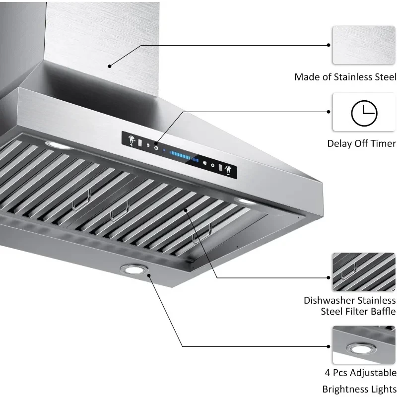 36-inch Wall Mount Range Hood, Kitchen Chimney Vent Stainless Steel with Gesture Sensing & Touch Control Switch Panel