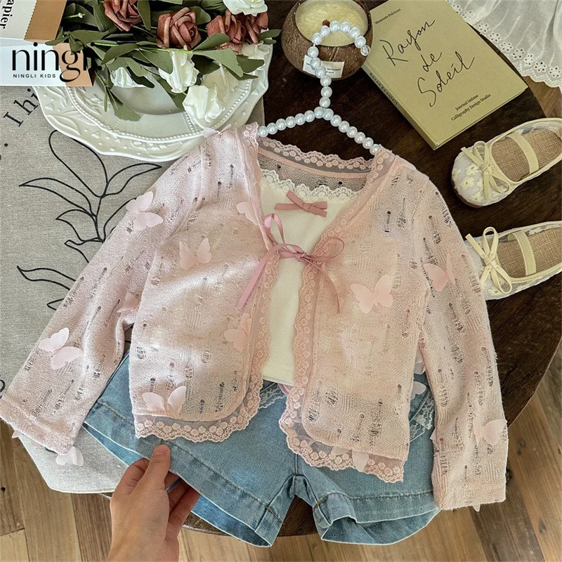 

Girls Summer Sweet Princess Butterfly Lace Two-piece Bow Knitted Sling Cardigan Set