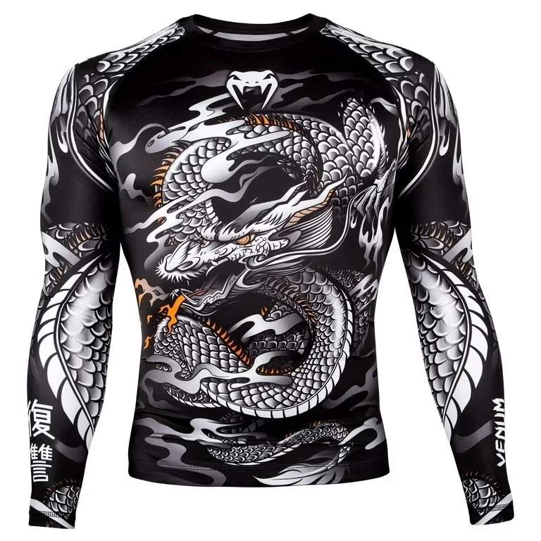 Camisa Esportiva Masculina de Manga Longa com Estampa de Dragão, Tecido Respirável e Elástico para Treino de MMA, Fitness e Uso Diário
