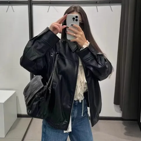 Manteaux en Faux cuir pour femmes, vestes solides, poche zippée, col rabattu, manches longues, légèrement extensible, ample, bureau, dame, automne 2025