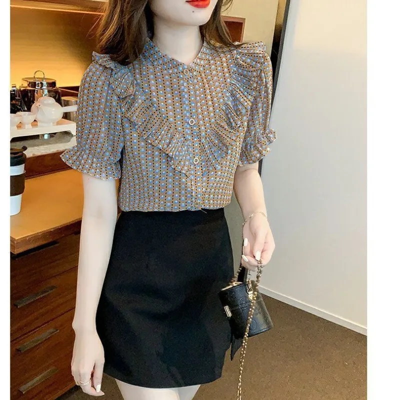 Women\'s 2024 Summer New Korean Commute Spliced Printed Ruffles Shirts Stand Collar Button Slim Chic Short Sleeve Chiffon Blouses