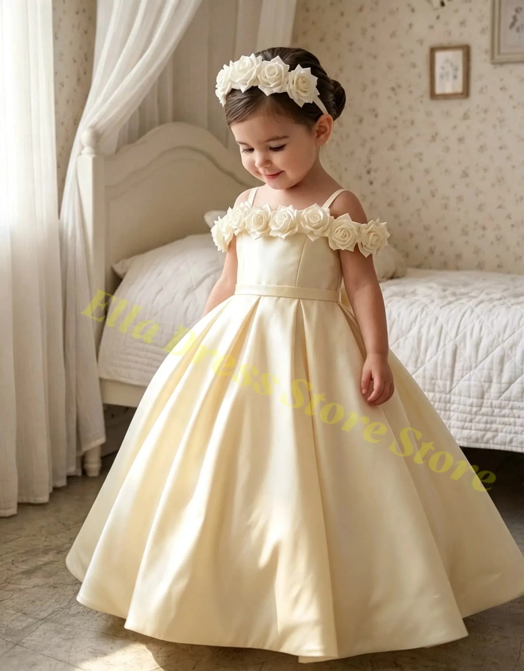 Maßgeschneidertes weißes Satin-Applikations-Blumenmädchenkleid für Hochzeiten, bauschige Kindergeburtstagsfeiern, Erstkommunion-Ballkleider im Großhandel – Detail 1