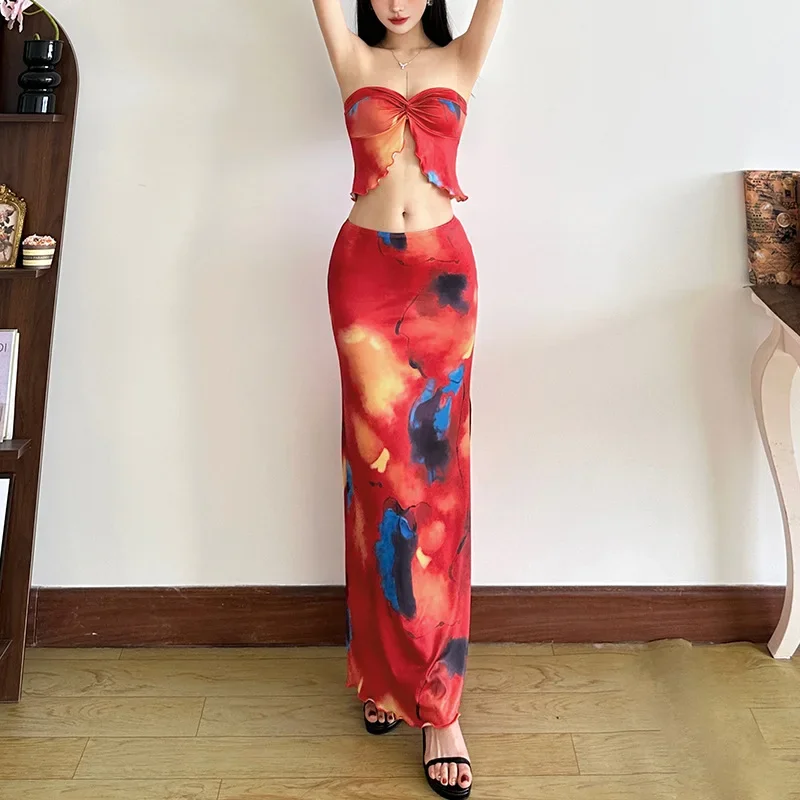 

2026 Summer New Women's Clothing Artistic Tube Top Contrasting Color Printing High Waist Floor Mopping Dress Set