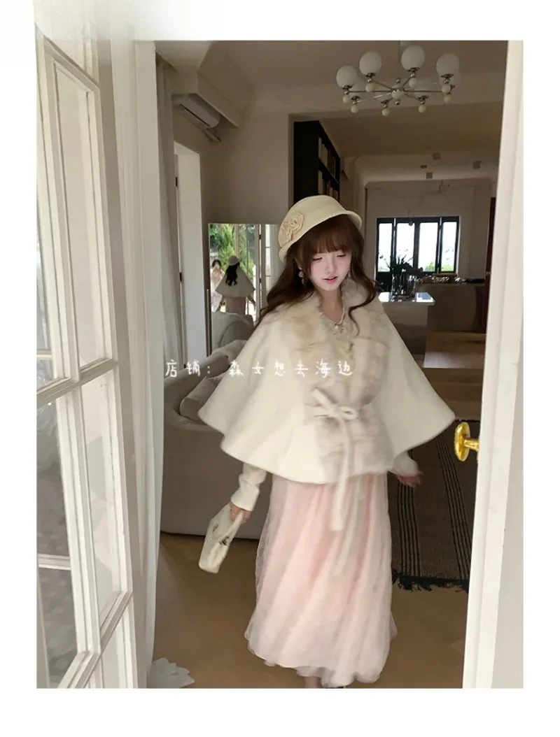 Autumn Winter New Original Beige Faux Fur Collar Cape Coat Sweet Cute Girls Versatile Solid Color Tie Short Shawl Jacket