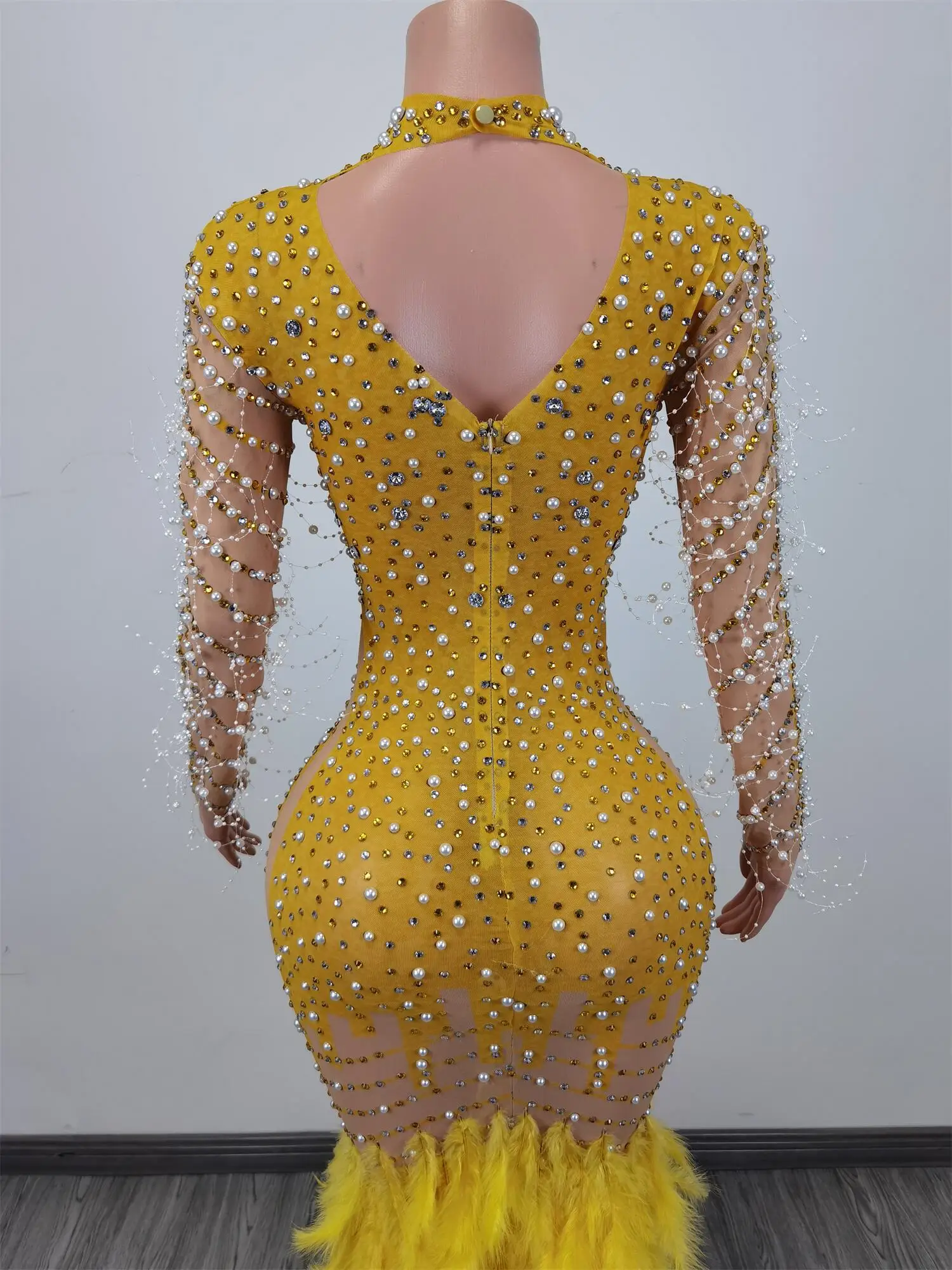 Luxury Yellow Grand Feather Sexy Sheath Dress Evening Party Performance Costume Nightclub Singer Dancer Stage Wear Liantiyumao