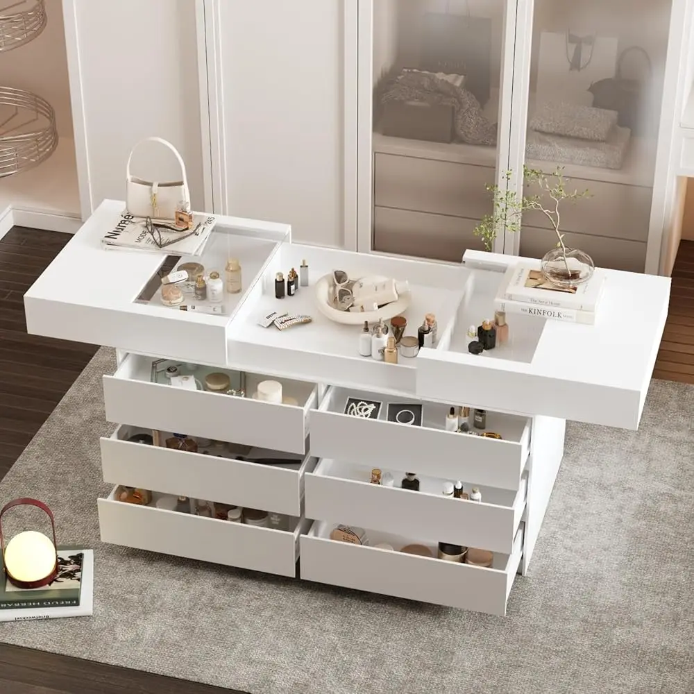 Armoire Bedroom Island Wardrobe Closet Island With 12 Drawers & Sliding Glass Tabletop, Island Dresser With Expandable Design,