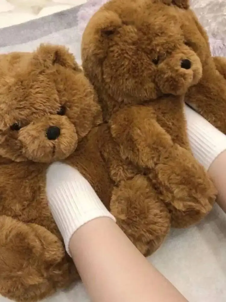 Pantofole da casa grandi con orso cartone animato Scarpe in cotone peluche con orso carino Pantofole da nido per uso domestico pelose calde coperte con tacco