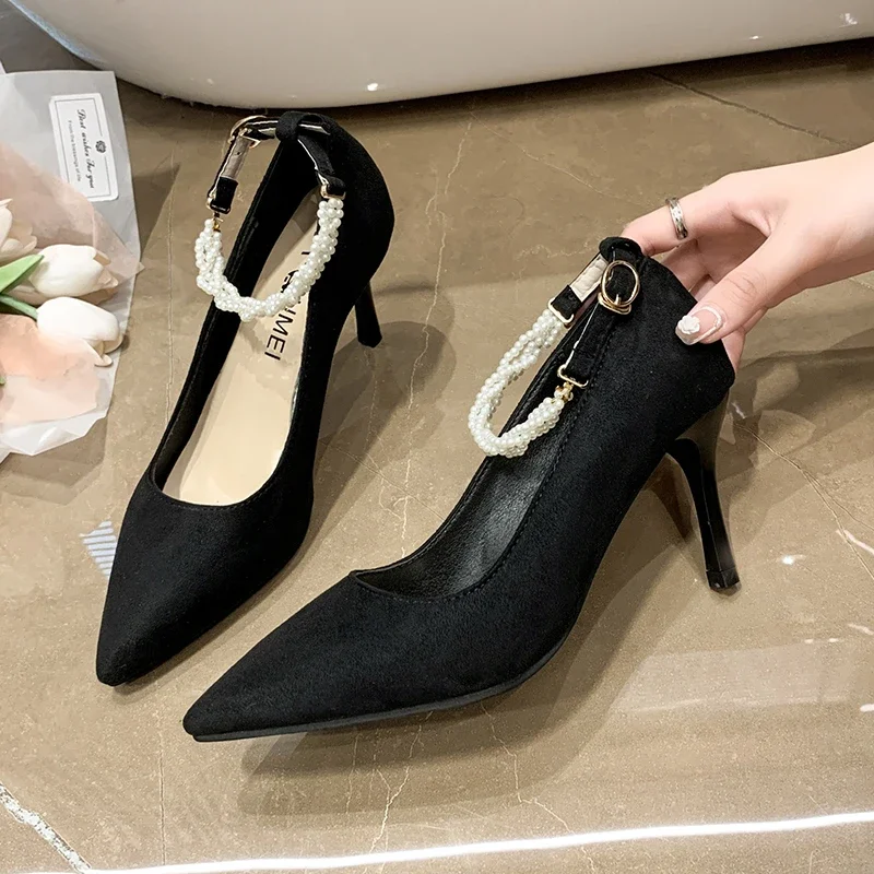 2024 New Fashion Solid Color Pointed Toe Buckle Stiletto High Heels Women's Spring Slip-on Versatile Young Fashion Trend