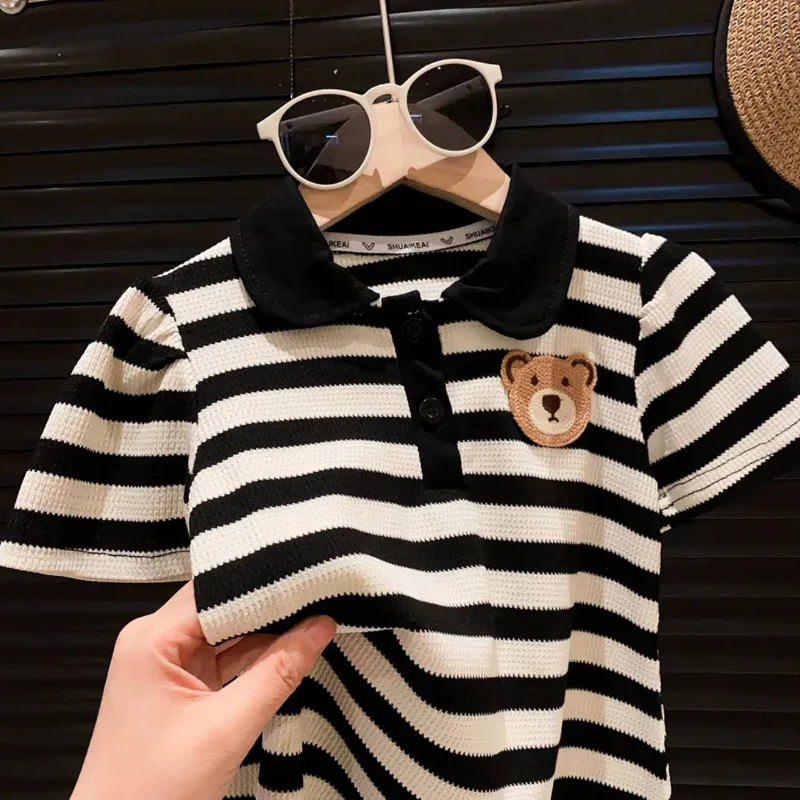 Kids Girls Clothes Summer Dress Cute Cartoon Bear Dress Baby Girls Black and White Stripes Polo Dress Preppy Style Casual Dress