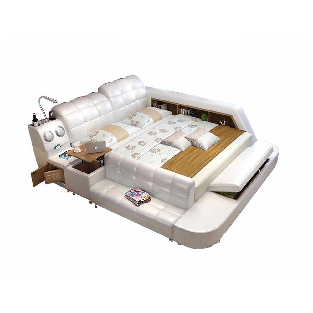 MANBAS TECH SMART ULTIMATE BED | ALL IN ONE BED | Luxury Multifunctional Genuine Leather Bed with Speakers, USB, and Lounge Sofa