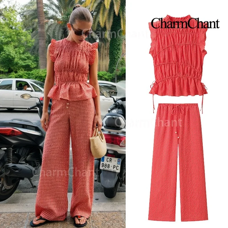 

CHARMCHANT Women Gingham Print Ruffle Sleeveless Top and Wide Leg Pants Set Summer Casual Two Piece Outfit Vacation Beachwear