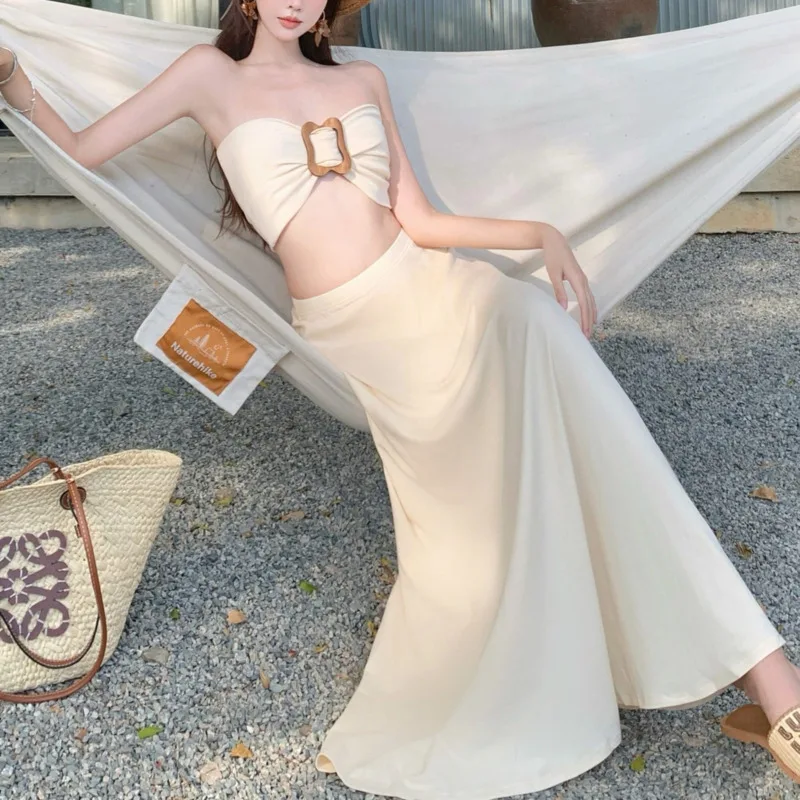 HKSH صيف جديد المرأة المد شيك عطلة الشاطئ نمط مثير حمالة سترة منخفضة الخصر تنورة موضة عادية قطعتين مجموعة HK6369