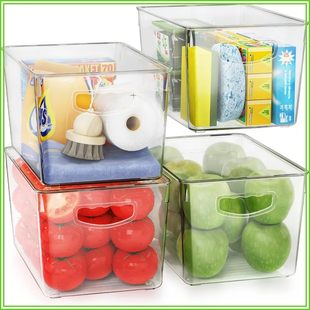 Clear Storage Bins with Lids, Stackable Plastic Containers for Pantry, Kitchen, Fridge, Bathroom, Garage, Closet, 4-Pack