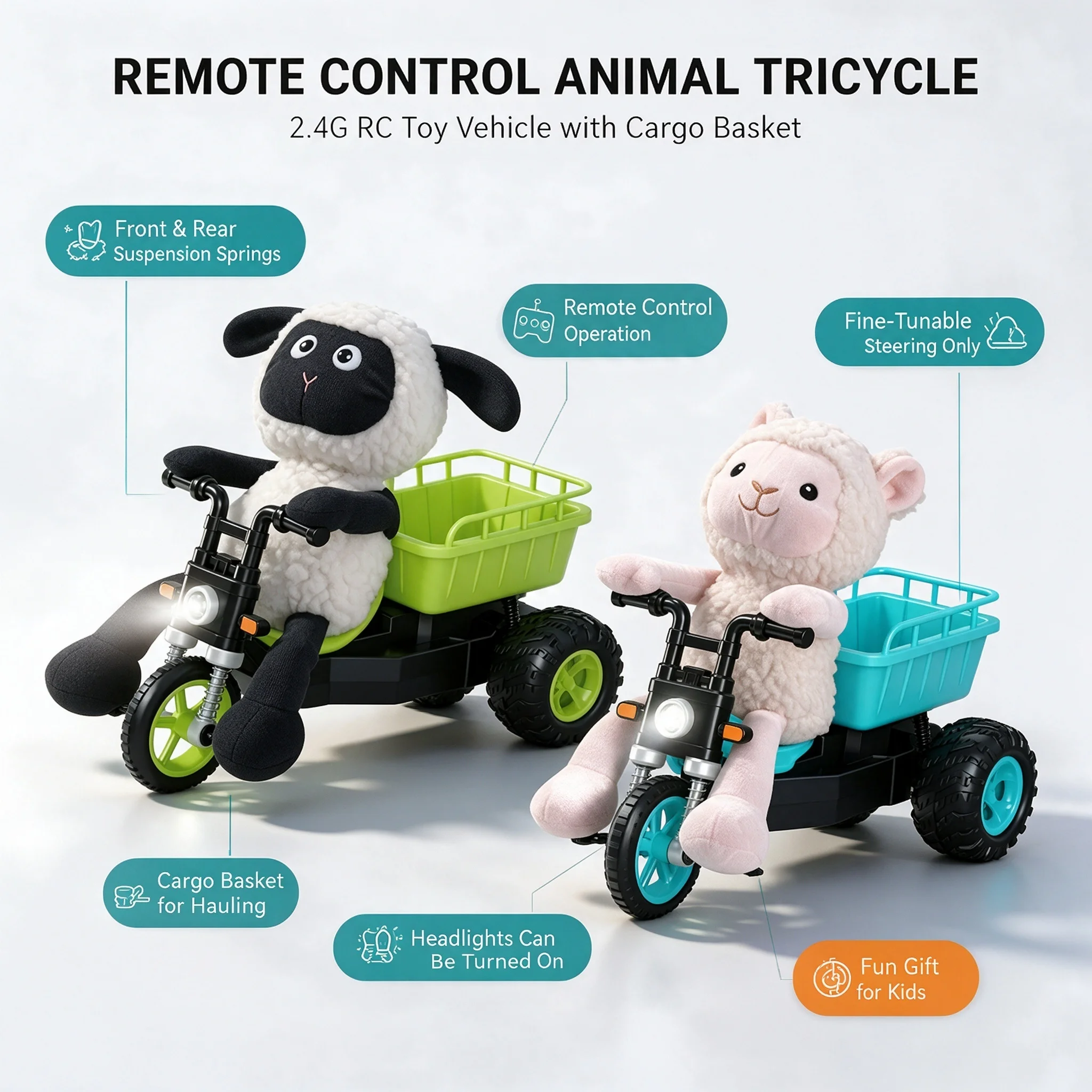 RC Sheep Motorcycle Remote Control Car Plush Lamb Tricycle Toy 2.4G Electric Rechargeable Truck with Light Kids Birthday Gift