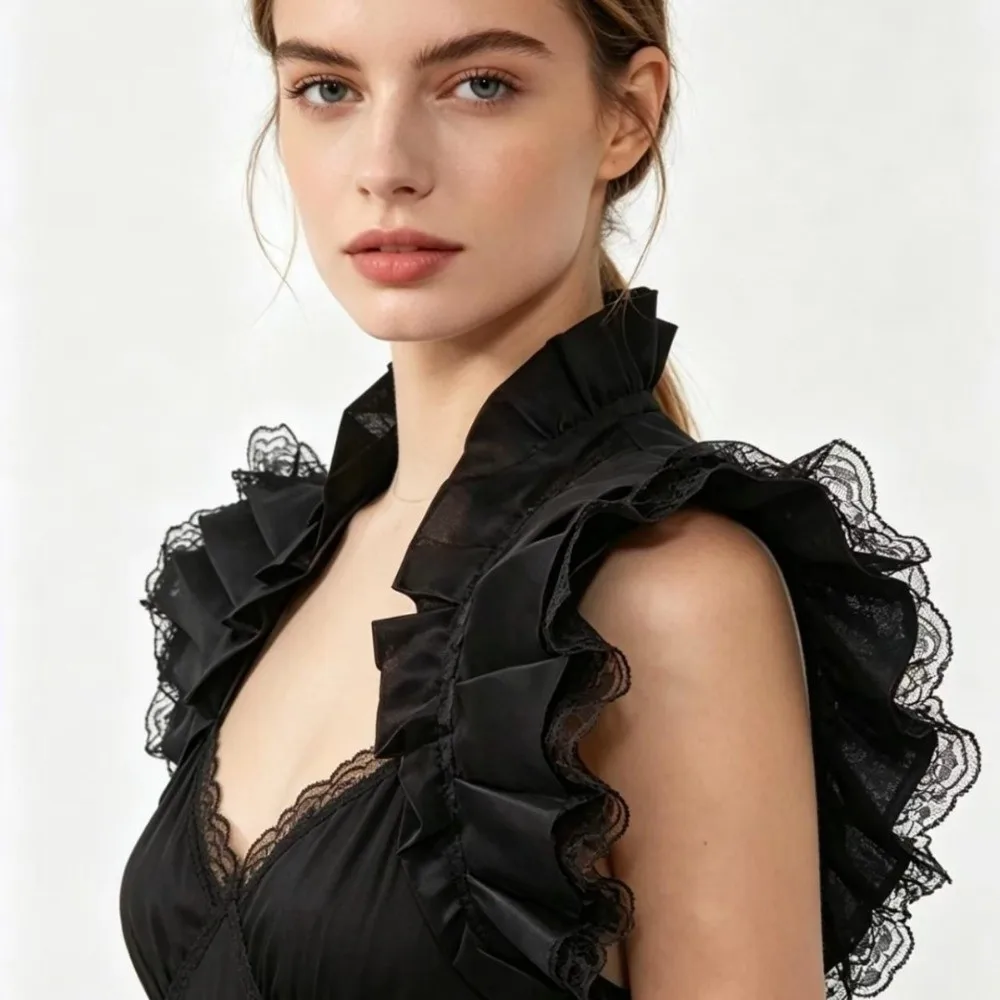 Gothic Style Satin Ruffled Lace Collar Cape Vintage Lolita Halloween Detachable Collar with Side Ties Outfit Decoration