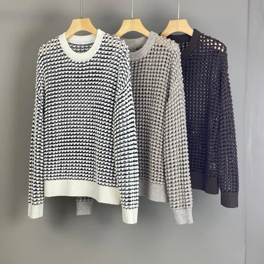 

Autumn casual luxurious women's wool hollow-out long sleeve pullover