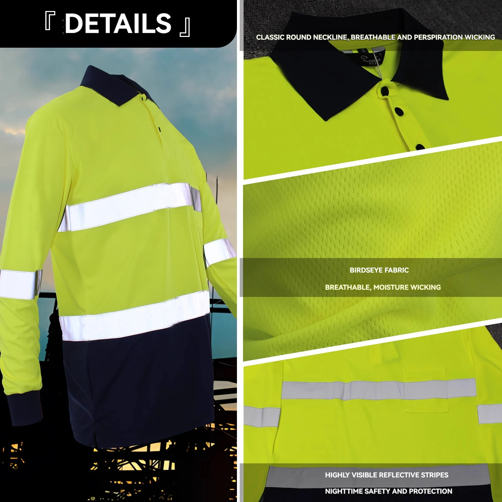 Two Tone Long Sleeve Blue Safety Shirts High Visibility Reflective Shirts With Pockets Hi vis work shirts Workwear