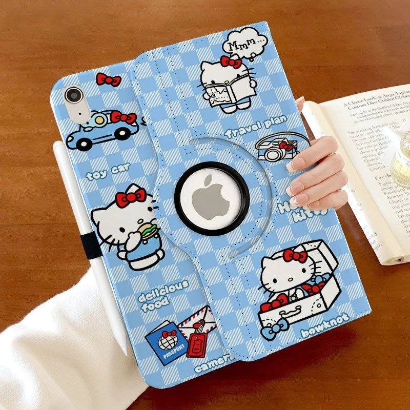 

Синий клетчатый чехол для iPad Hello Kitty для девочек, вращающийся на 360 градусов, для iPad Air7, Air6, 11 дюймов (11-го, 10-го, 9-го поколений), 10.2 дюйма, Mini6, 7, 8.3 дюйма