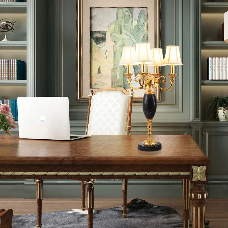 European Style Decorative Table Lamp, Brass Ceramic With Marble & Fabric Lampshade For Study, Living, Bedroom, Hotel Lobby