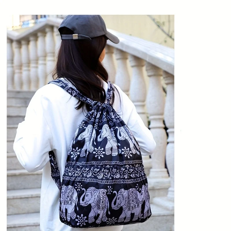 Elephant Pattern Tote Bag, Retro Folding Shopping Bag, Casual Shoulder Bag Handbag, Outdoor Sports Travel Backpack
