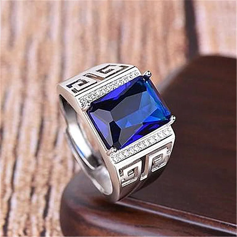 925 Sterling Silver Men's Ring Adjustable Open‑Band Rectangle Blue Sapphire CZ Stone Vintage Wedding Ring for Male Jewelry Gift
