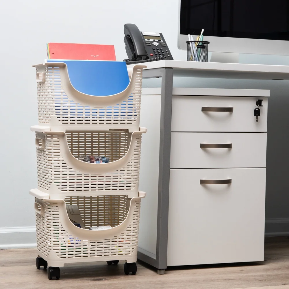 3-Tier Rolling Laundry Cart Plastic Organizer Kitchen Laundry Toys Crafts Easy Mobility Detachable Baskets Durable Versatile