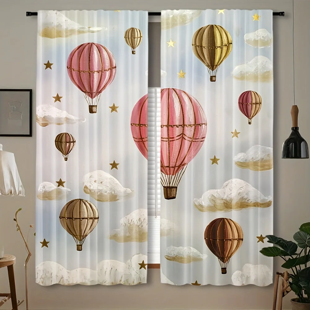 Watercolor Balloon Cloud Blackout Rod Pocket Curtain Golden Star Sweet Cartoon Decor Kid Homestay Dream Rest Bay Window