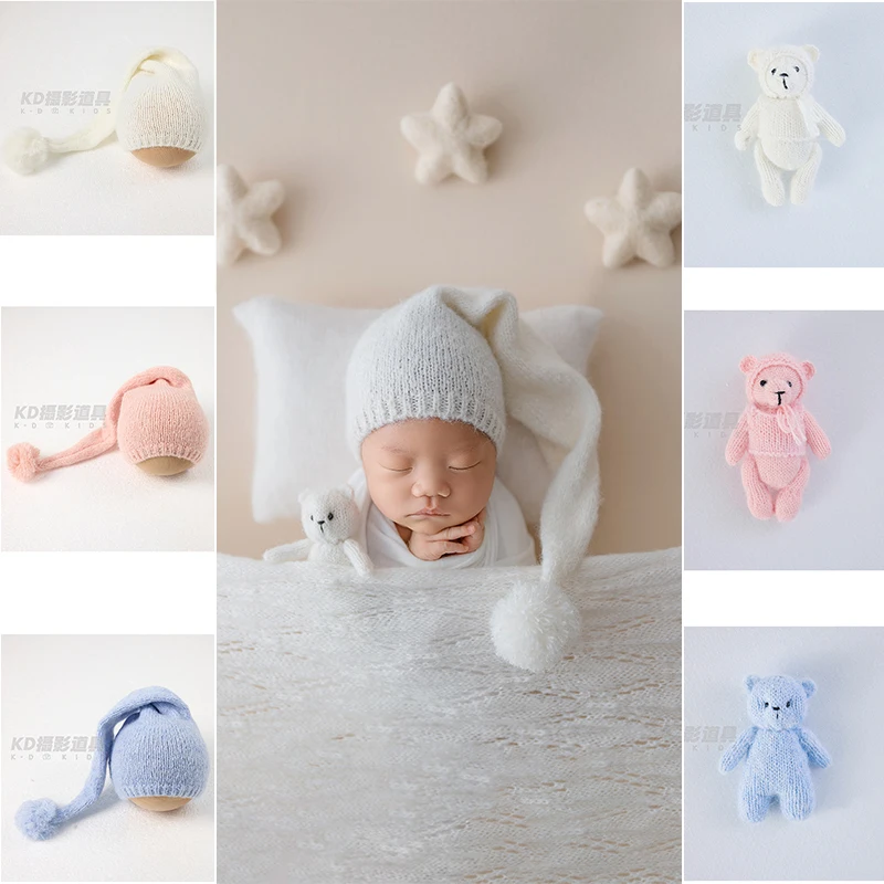 

2 шт./компл., детская мягкая шапка с помпонами и куклой-медведем, реквизит для фотосъемки новорожденных, детская эластичная вязаная шапка + кукла ручной работы, универсальная теплая шапка