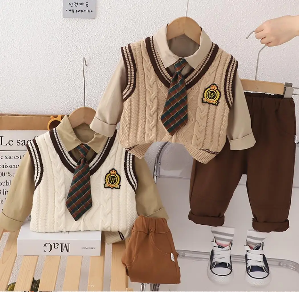 3PCS Boys Sweater Sets Spring Autumn Kids V-neck Preppy Knitted Vest+T-shirts+Pants Casual Toddler Outfits Infant Baby Clothing