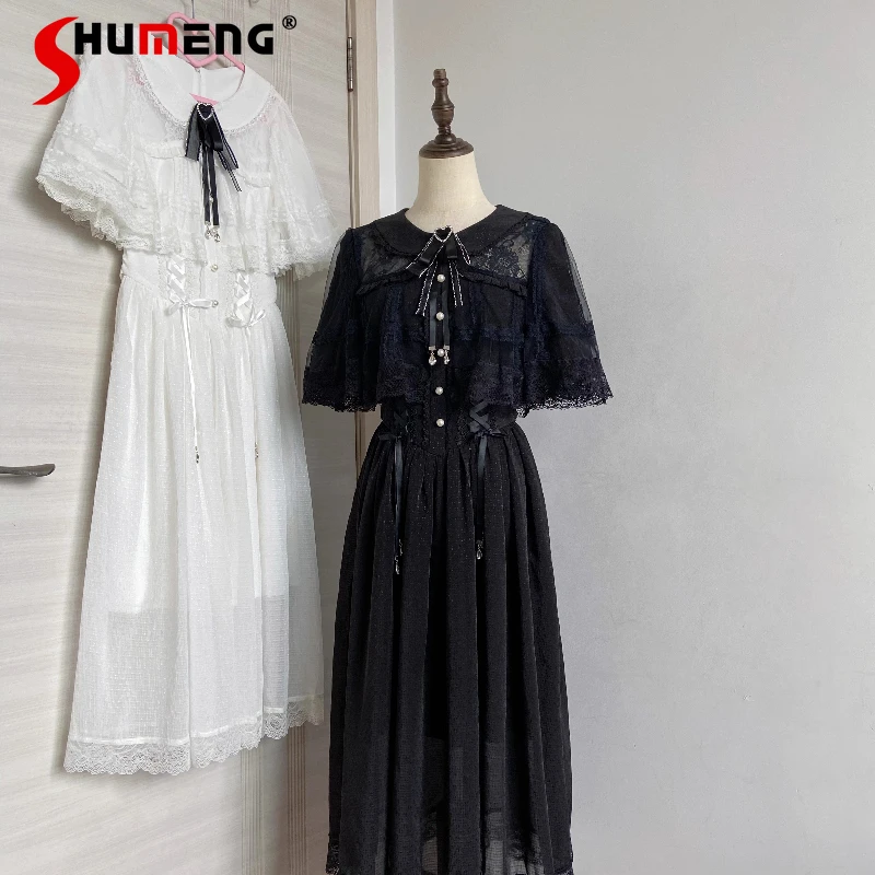 

Black White Color Two-tone Long Dress 2025 Summer Short Sleeved Lace-up Series Clear Mine Series Series Cape Long Dresses Female