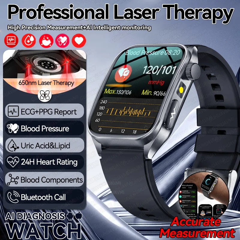 2025 New 650nm Laser Therapy Blood Fat Uric Acid Blood Pressure Smart Watch Men ECG+PPG Precise Health Monitor Smartwatches IOS
