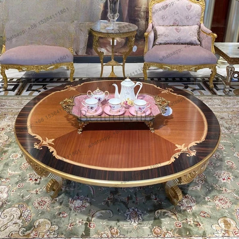 French neoclassical round coffee table, mahogany carved living room coffee table villa furniture