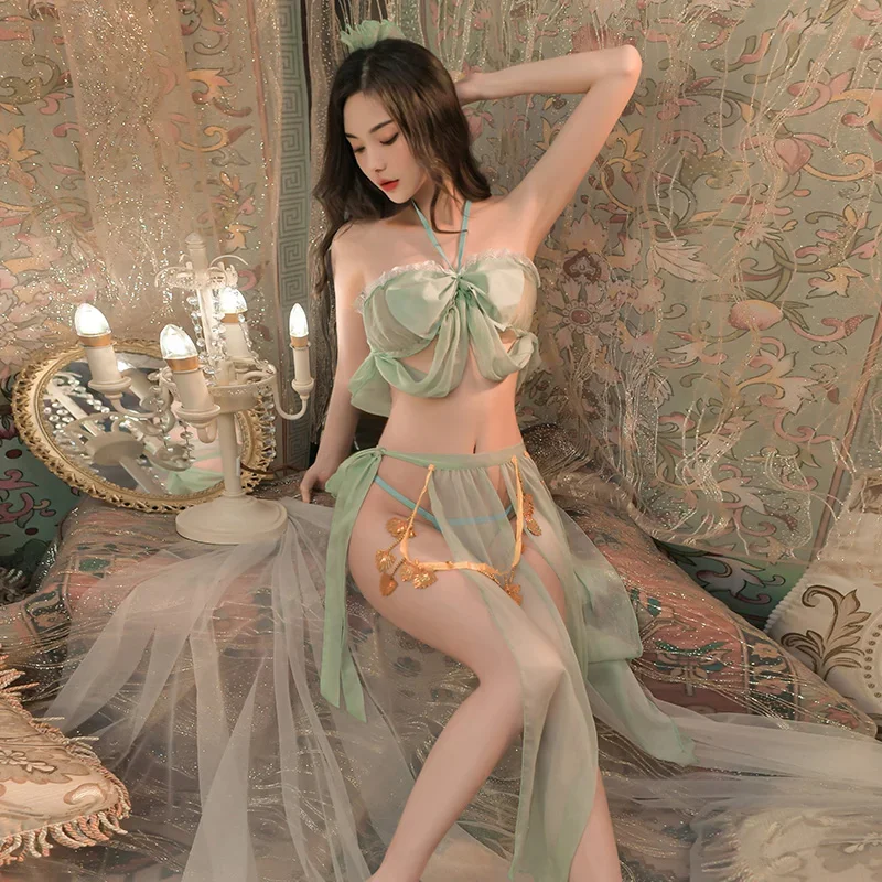 Green Seductress Ancient Chinese Hanfu Dress Dance Stage Costume Women Sexy Lingerie Cosplay Chiffon Temptation Minidress