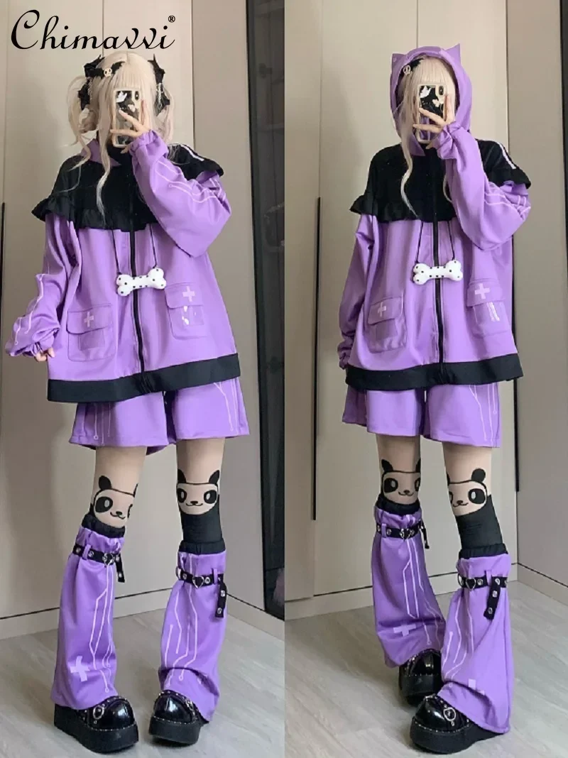 Japanese Style Subculture Mine Water System Shorts Set Autumn Sweet Cat Ears Loose Hooded Jacket Shorts Girl's Women Y2k Outfits