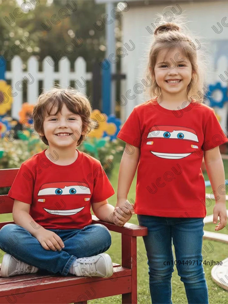 

Детская хлопковая футболка с принтом смайлика Disney Cars Lightning McQueen, летние футболки с короткими рукавами, одежда для мальчиков и девочек, повседневные топы