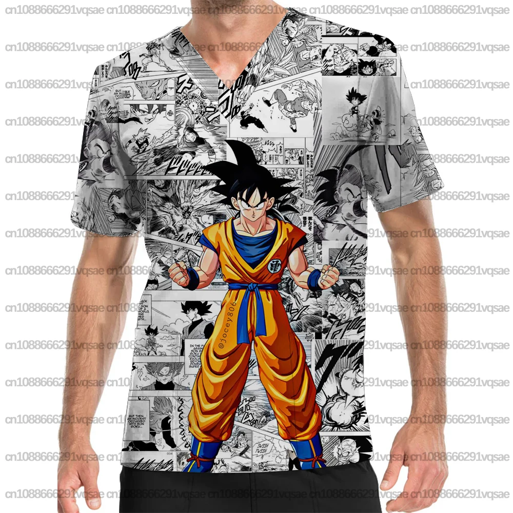 Summer Cartoon Anime Dragon Ball Print Dental Clinic Pet Shop Hospital T-shirt Men's Work Clothes V-neck Short Sleeve Matte Top