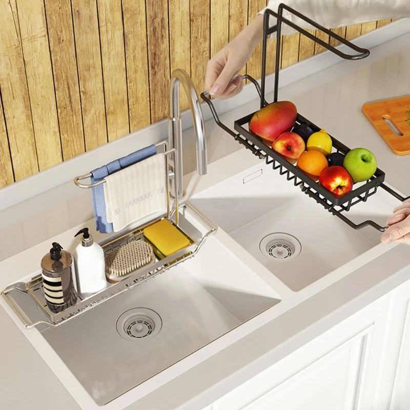 Telescopic Sink Stainless Steel Rack Dish Drying Drain Basket Sponge Soap Towel Holder Kitchen Accessories