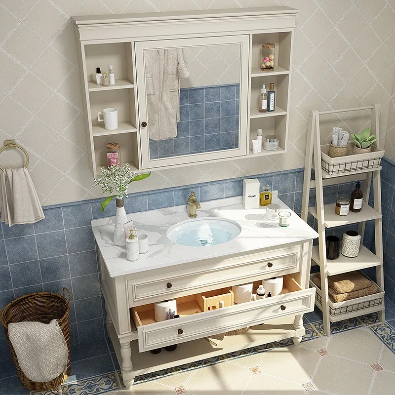 For Bathroom Cabinet Combination Solid Wood Floor-to-ceiling Face Wash Station, Bathroom Wash Station Rock Slab Bathroom Cabinet