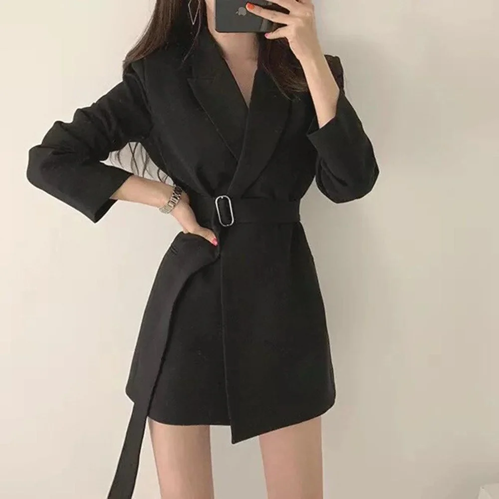 2023 Office Outerwear Women Casual Coat Lady Lapel Collar Long Sleeve Solid Black White Suits Belted Blazer Jackets