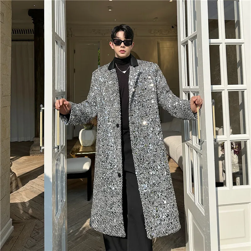 

Personalized Sequin Men's Wollen Coats Turn-down Collar Thickened Single Breasted Long Jacket Fashion Winter 2024