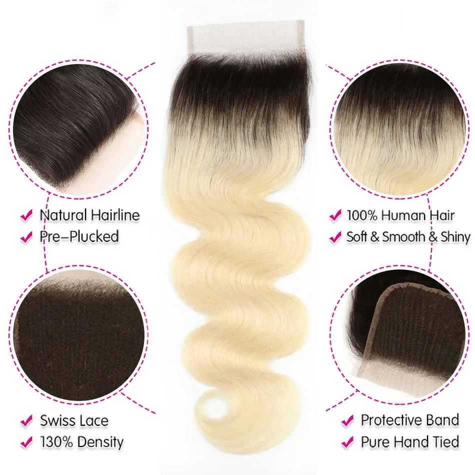 1b 613 Body Wave 4x4 zamknięcie koronki HD przezroczyste brazylijskie włosy Closure100 % ludzkich włosów 13x4 koronki przednie Ombre blond preplurubed