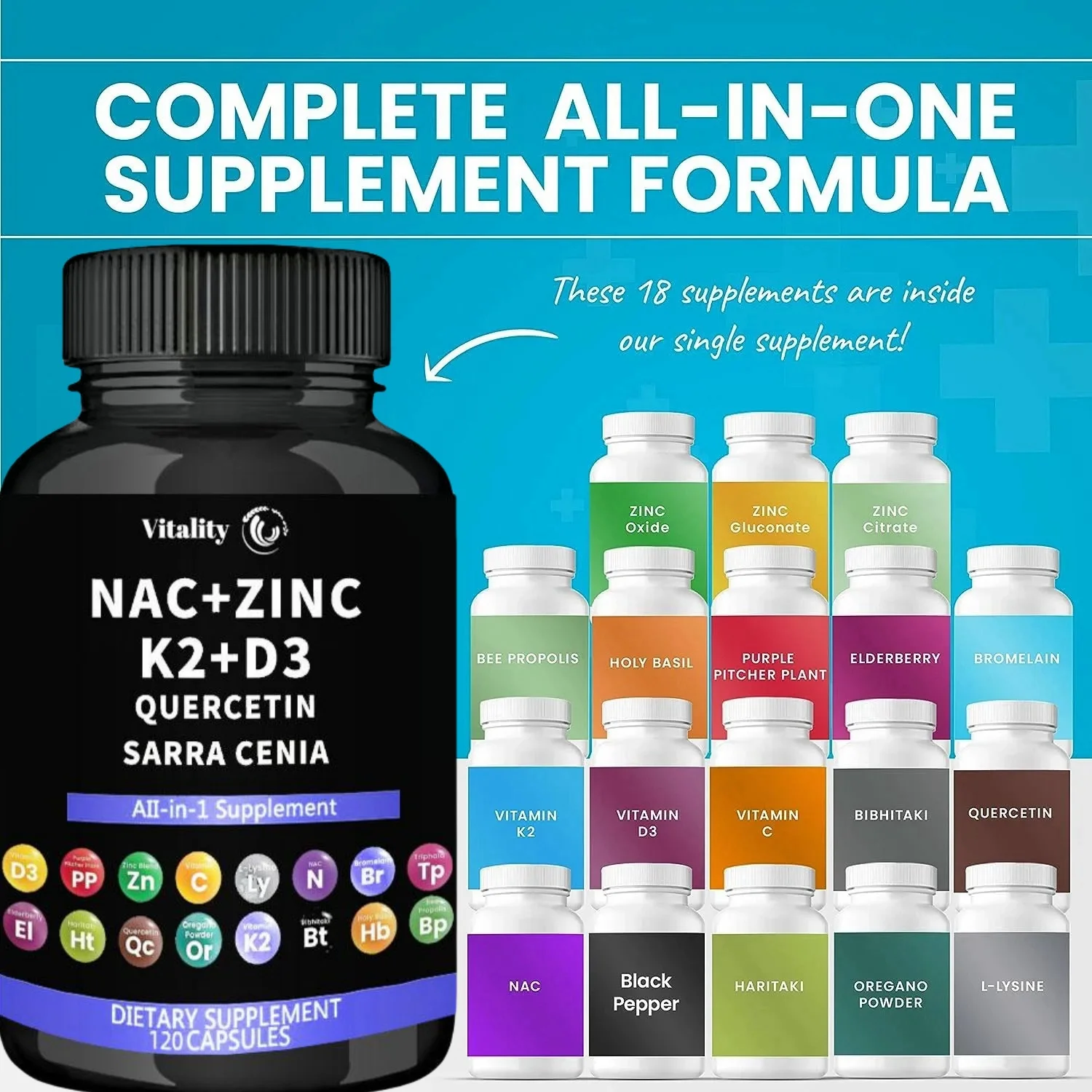 NAC  is rich in high-quality N-acetylcysteine NAC 1000mg supplement with added vitamin D3+K2, zinc complex, and quercetin 1000mg