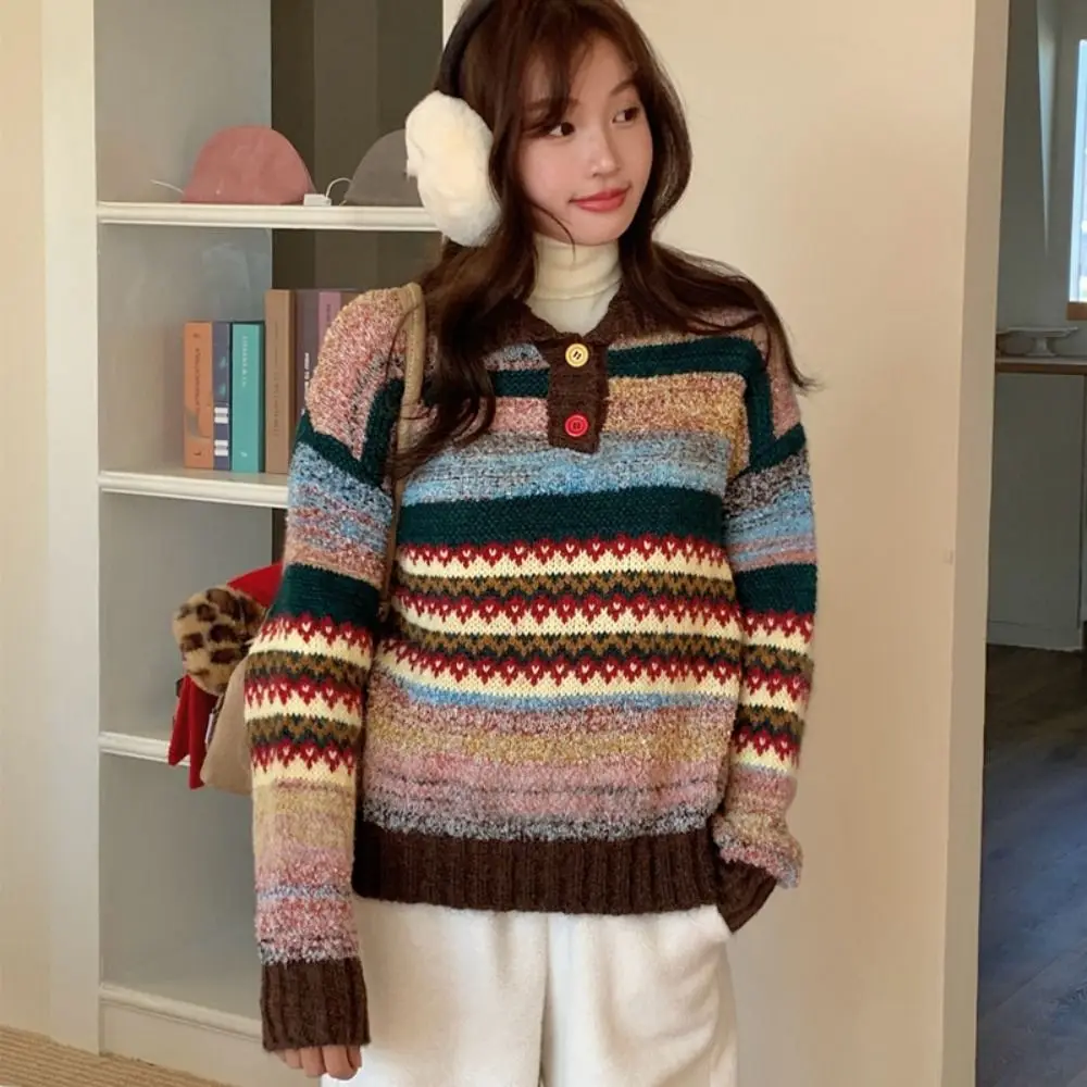 Simple Long Sleeve Knit Sweater Women Soft Loose Colorfult Crochet Knitwear Sweet Retro Winter Autumn Knitted Top Gift