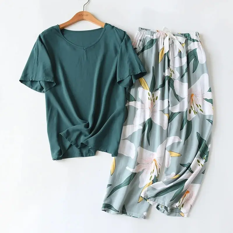 Spring New Women's Comfort Rayon Pajamas Set Loose Thin Wide L round Neck Sleeveless Sleepwear Home Clothes Women's Set
