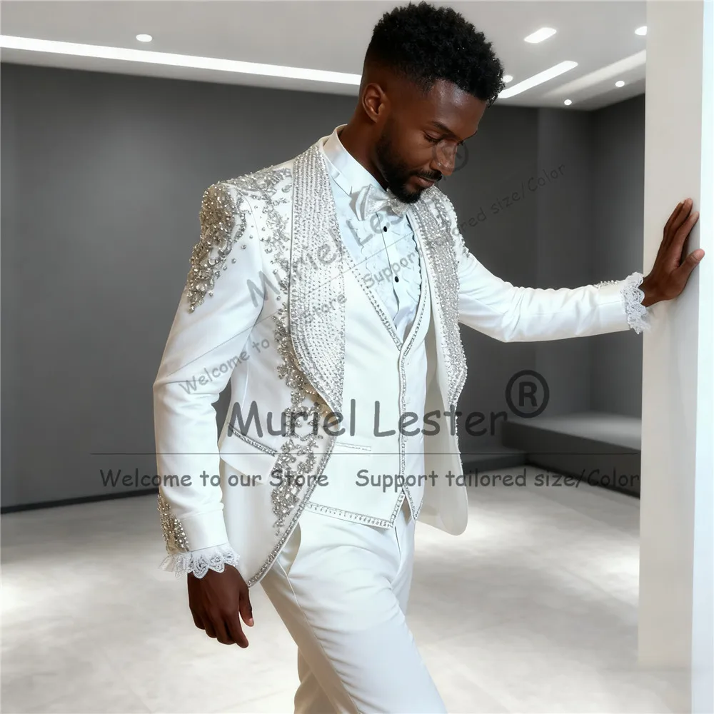 메탈릭 주얼리 스톤 장식 웨딩 수트 턱시도 맞춤 제작 3피스 세트 비즈 장식 신랑 블레이저 슬림핏 남성 연회복