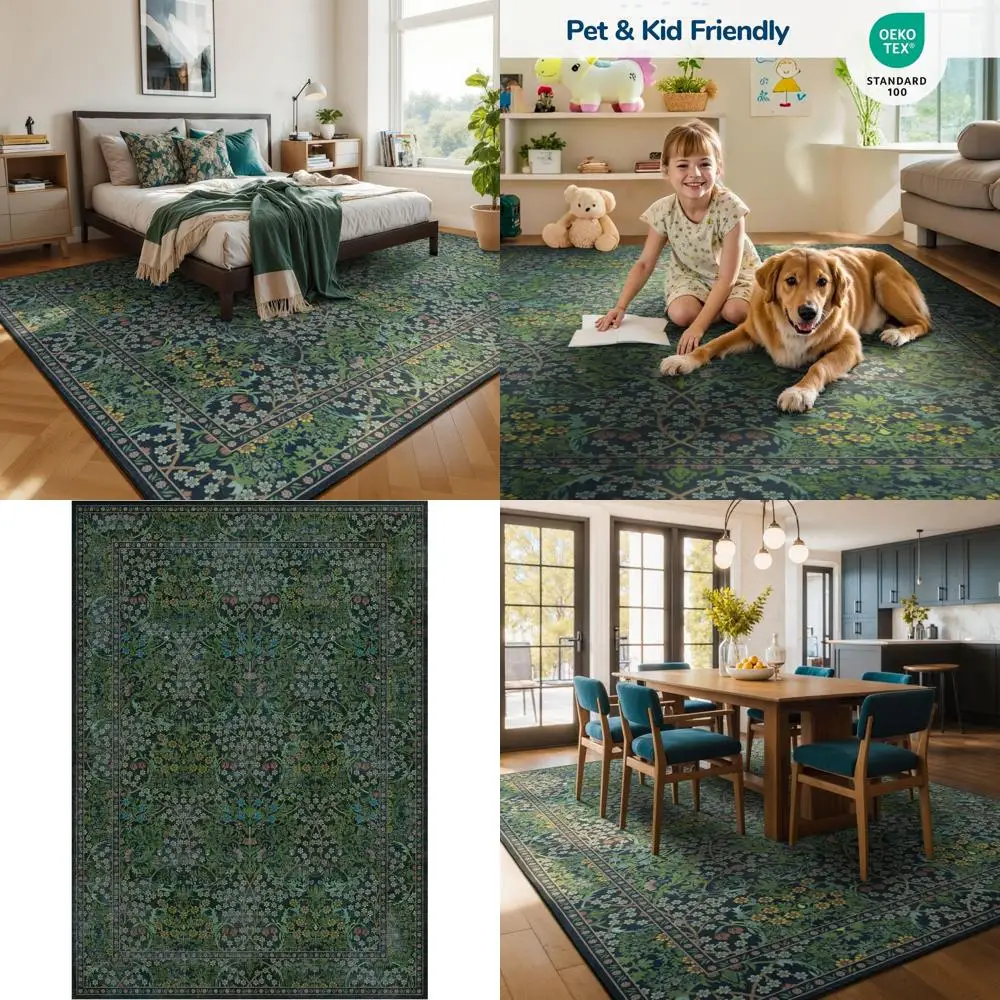 

8x10 Vintage-Style Washable Forest Green Area Rug, Low Pile, Non-Slip for Living Room, Dining Room, and Bedroom