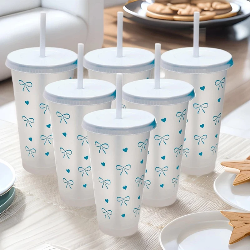 Cute Plastic Drinking Kawaii Aesthetic Water Bottle with Bowknot-Portable Tumbler for Ice Coffee Juice Tea Includes Straw Lid