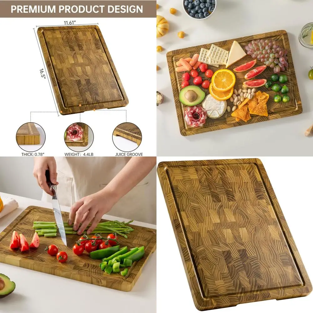 

Kitchen End Grain Chopping Boards with Juice Groove and Handles, Non-slip Wooden Charcuterie Serving Trays for Cheese and Vegeta