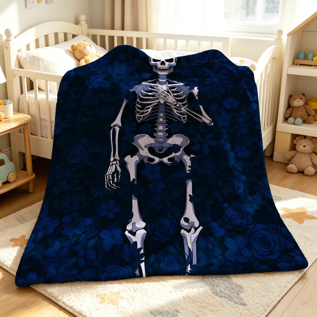 Blue Bones Flannel Blanket Warm Soft Halloween Christmas Couch Warm Cozy Decorative Decor Gift for All Season