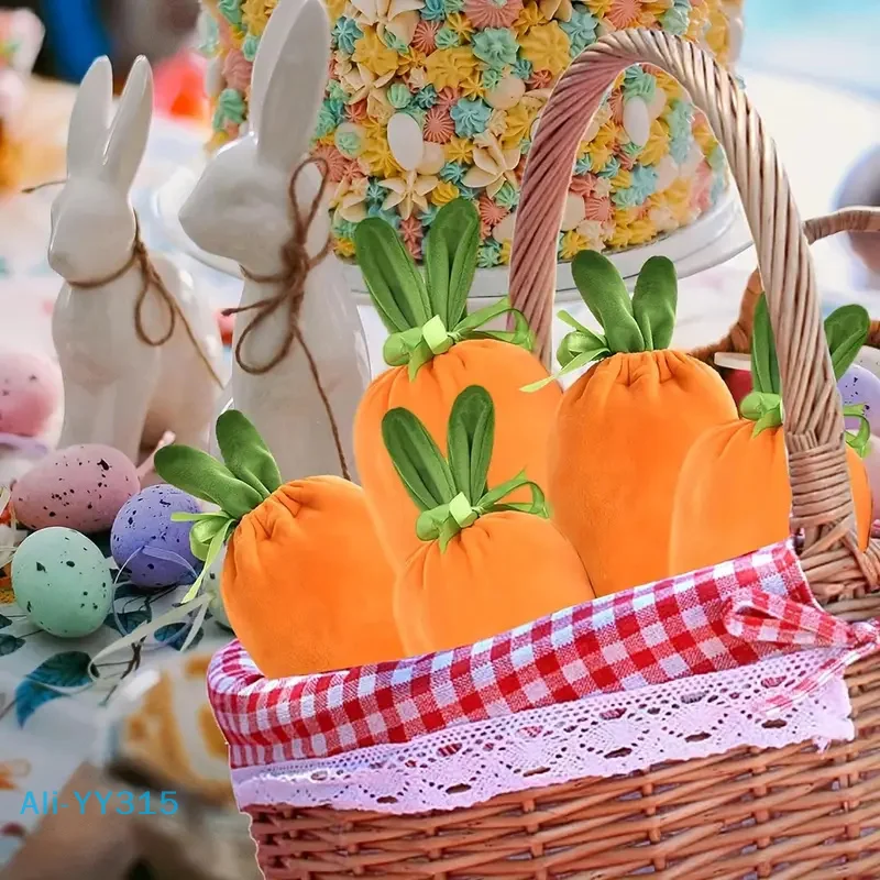 NN82 5Pcs Velvet Rabbit Ear Candy Bags With Drawstring Easter Carrot Gift Bags Bunny Ear Wrapping Pouch Party Favors Supplies